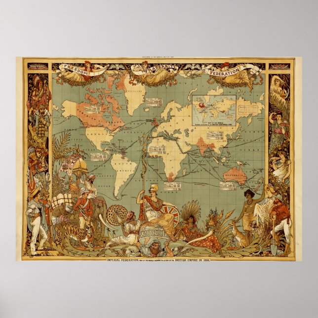 Poster Carte du monde Antique 1886 Illustré (Devant)