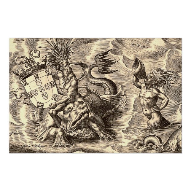 Poster Carte du monde antique de Poséidon et Dauphin (Devant)