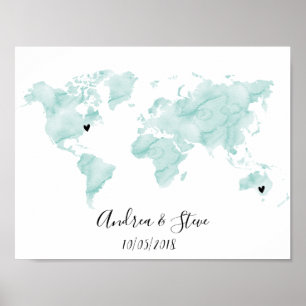 Poster Carte du monde aquarelle avec des coeurs amovibles