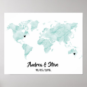 Poster Carte du monde aquarelle avec des coeurs amovibles