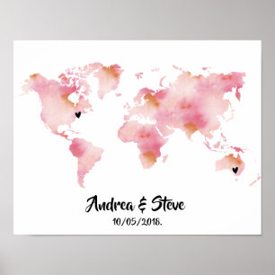Poster Carte du monde aquarelle avec des coeurs amovibles
