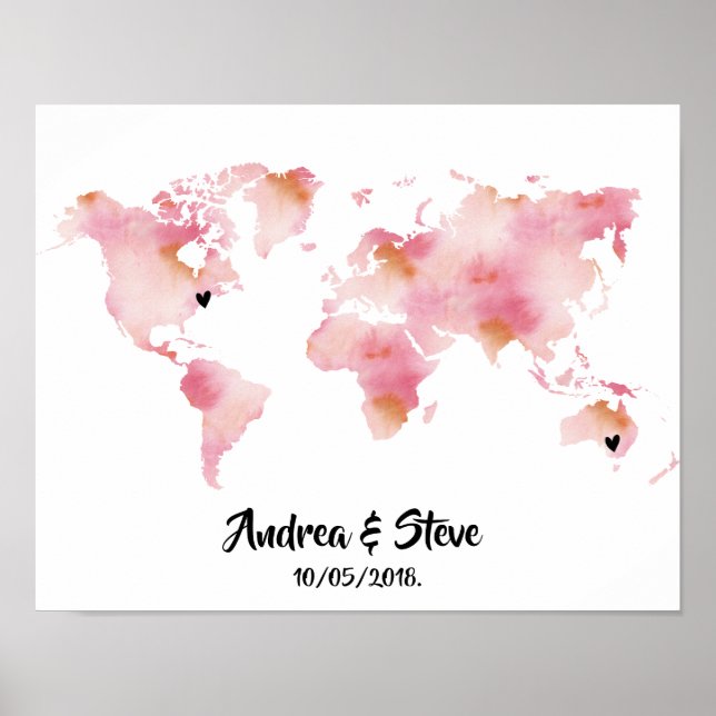 Poster Carte du monde aquarelle avec des coeurs amovibles (Devant)
