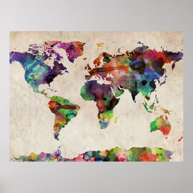 Poster Carte du monde Aquarelle urbaine (Devant)