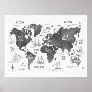Poster Carte du monde Art Noir Blanc Nautique Enfants Nur