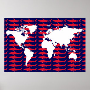 Poster carte du monde avec requins