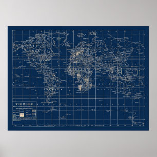 Poster Carte du monde bleu marine