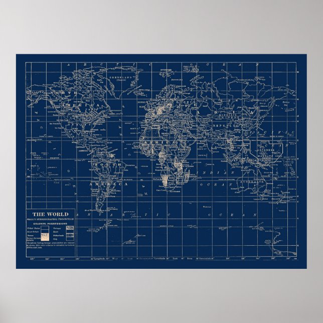 Poster Carte du monde bleu marine (Devant)