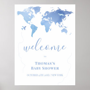 Poster Carte du monde bleu moderne Accueil Baby shower de