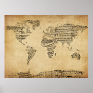 Poster Carte du Monde Carte de Vieux Partitions Musique