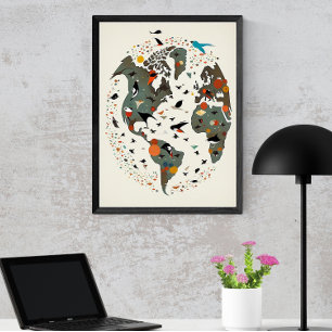 Poster Carte Du Monde, Charley Harper Inspiré