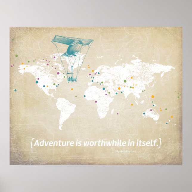 Poster Carte du monde, Citation Inspirationnelle et point (Devant)