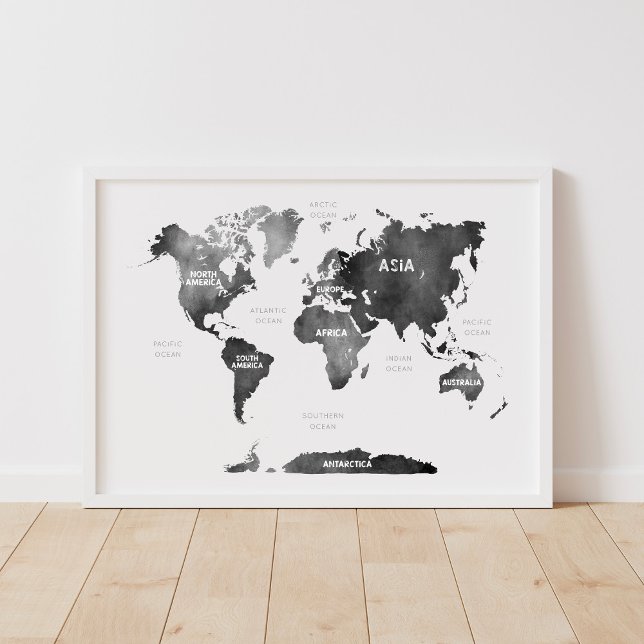 Poster Carte du monde Continents & Océans Aquarelle noire (Créateur téléchargé)