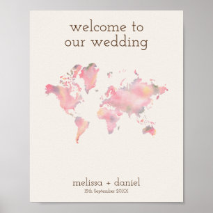 Poster Carte du monde dans les tons roses pour le mariage