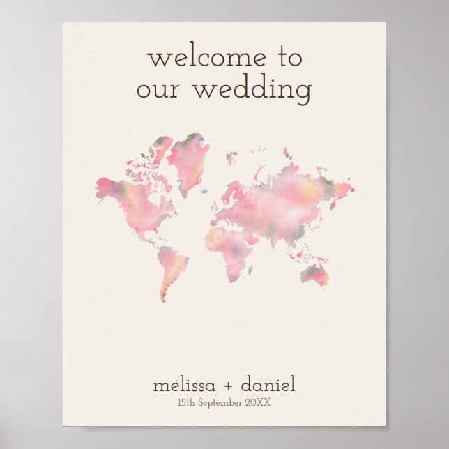 Poster Carte du monde dans les tons roses pour le mariage (Devant)