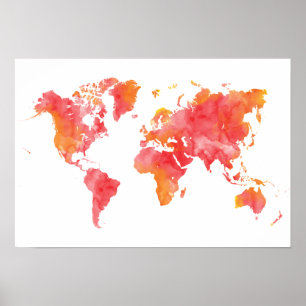 Poster Carte du monde d'aquarelle de couleur chaude