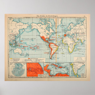 Poster Carte du monde de l'Espagne vintage et des colonie