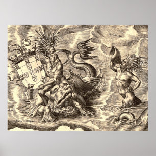 Poster Carte du monde de Poséidon et Dauphin