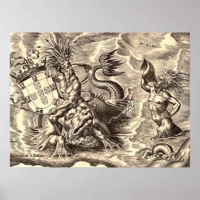 Poster Carte du monde de Poséidon et Dauphin (Devant)