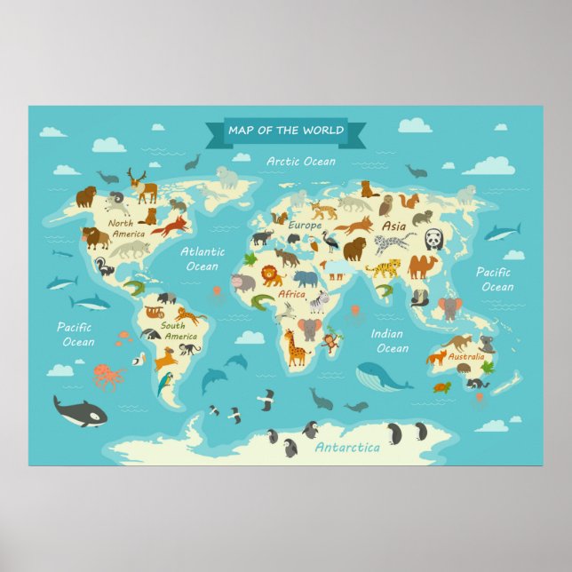 Poster Carte du monde des enfants avec illustrations Post (Devant)