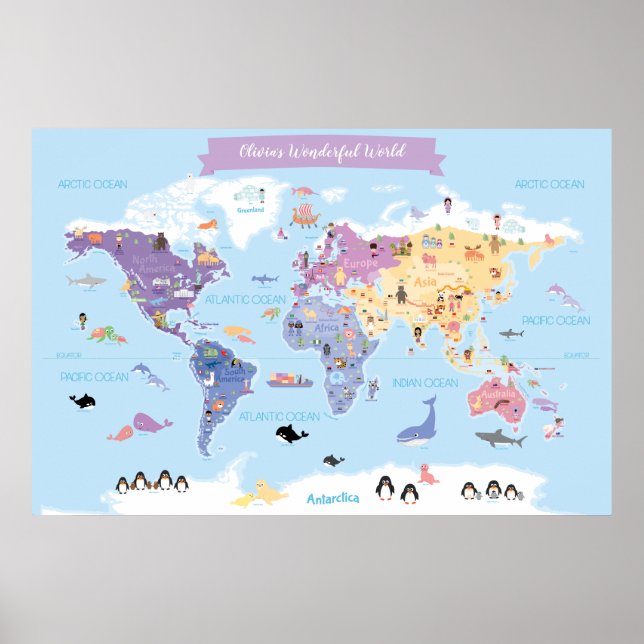 Poster Carte du monde des enfants doux avec illustrations (Devant)