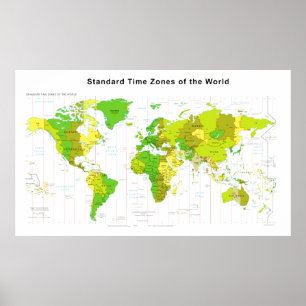 Poster Carte du monde des fuseaux horaires standard 2013