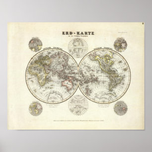 Poster Carte du monde double hémisphère