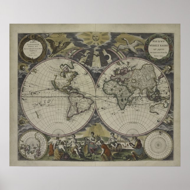 Poster Carte du monde double hémisphère | 1672 (Devant)