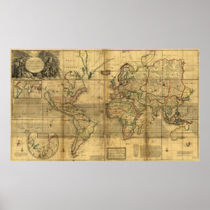 Poster Carte du monde entier par Herman Moll (1719)