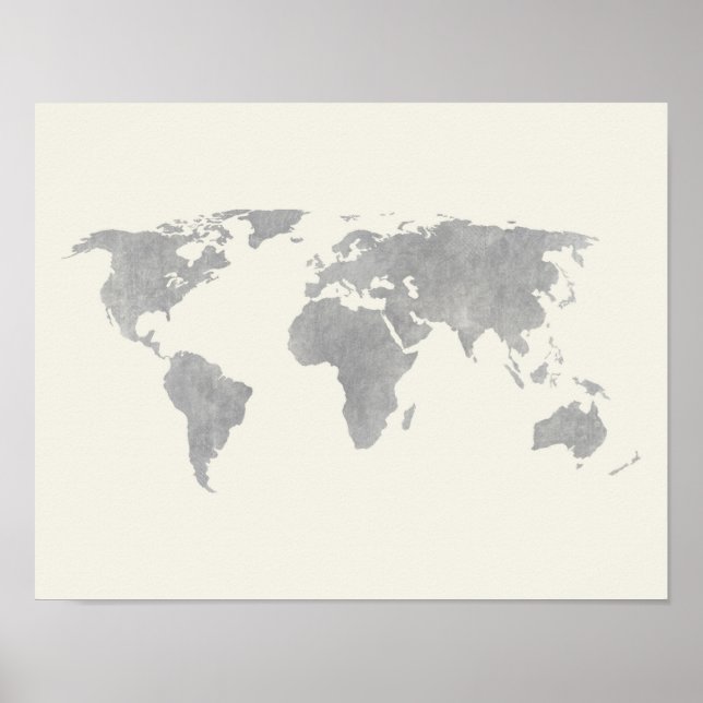 Poster Carte du monde gris sur arrière - plan de toile (Devant)