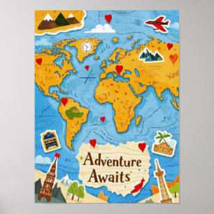 Poster Carte du monde Heart Pins Aventure Attend