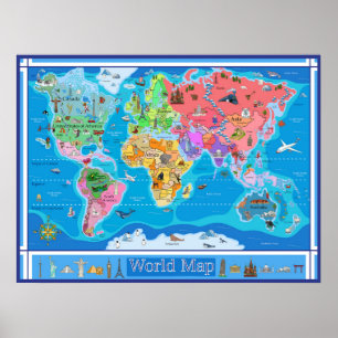 Poster Carte du monde illustrée pour les enfants moyens -