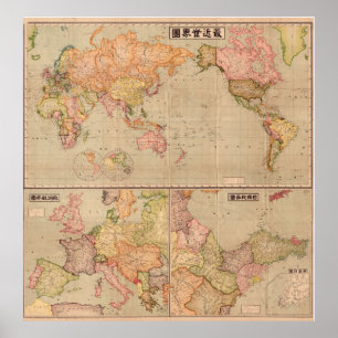 Poster Carte du monde japonais antique 1914