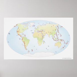 Poster Carte du monde montrant des sites d'activité