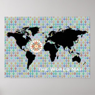 Poster carte du monde noir, ancres et boussole-rose
