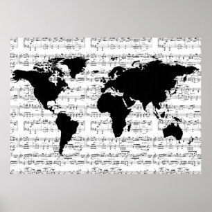 Poster carte du monde noir avec notes musicales