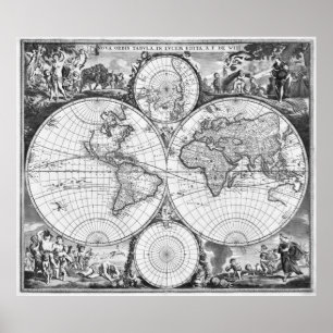 Poster Carte du monde noir et blanc (1670)