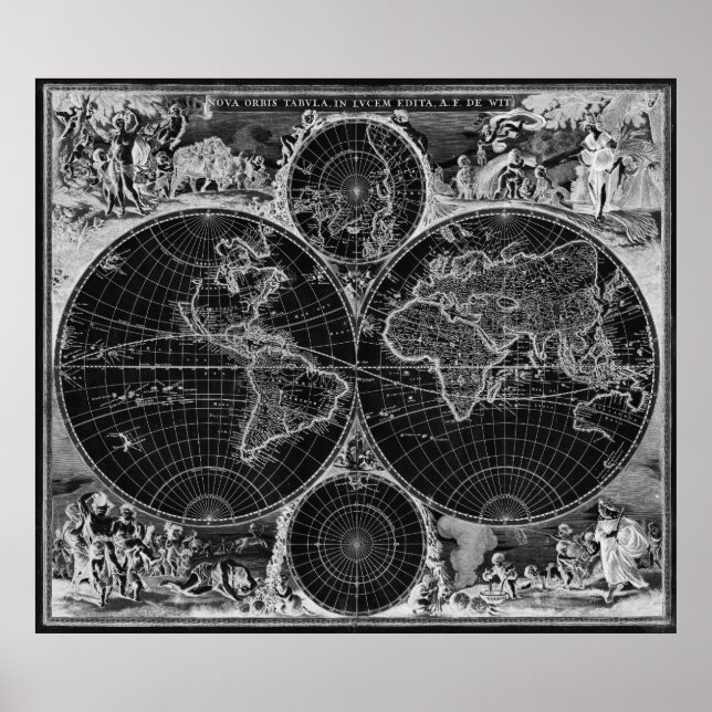 Poster Carte du monde noir et blanc (1670) Inverse (Devant)