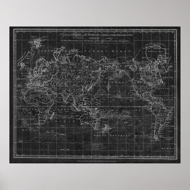 Poster Carte du monde noir et blanc (1799) Inverse (Devant)
