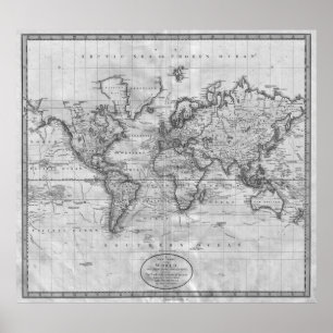 Poster Carte du monde noir et blanc (1801)