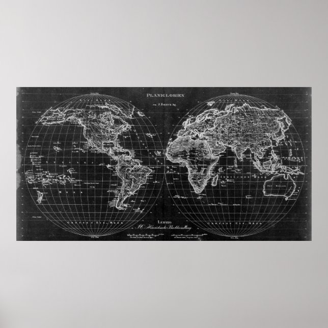 Poster Carte du monde noir et blanc (1827) Inverse (Devant)