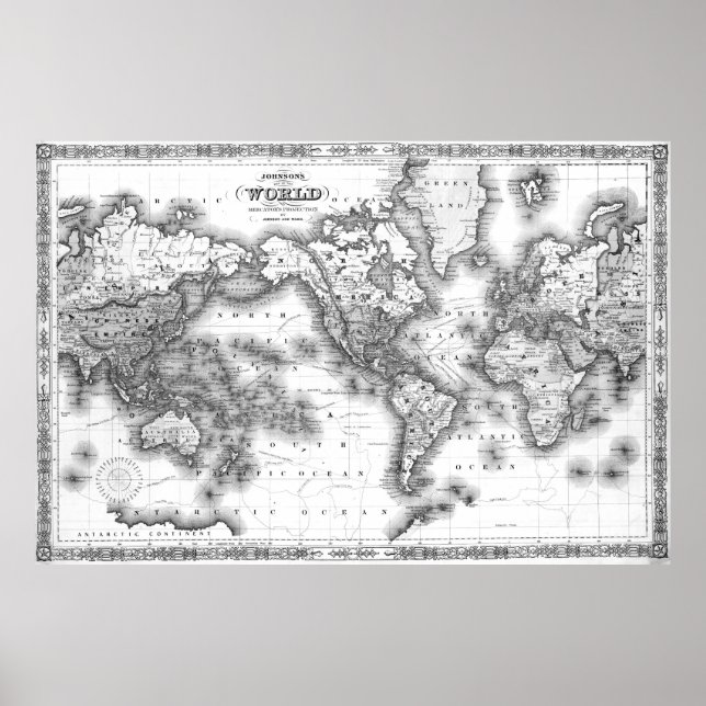 Poster Carte du monde noir et blanc (1864) 2 (Devant)