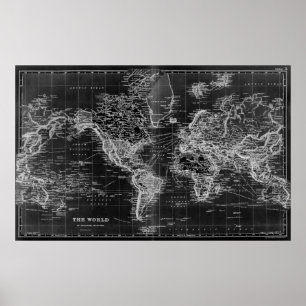 Poster Carte du monde noir et blanc (1892) Inverse