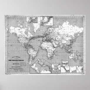 Poster Carte du monde noir et blanc (1898)