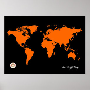 Poster carte du monde noir orange