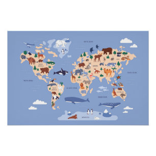 Poster carte du monde pour enfants avec animaux