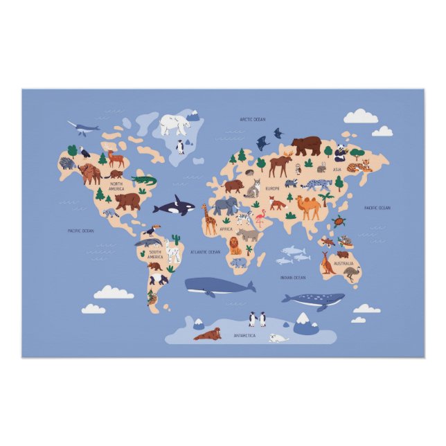 Poster carte du monde pour enfants avec des animaux (Devant)