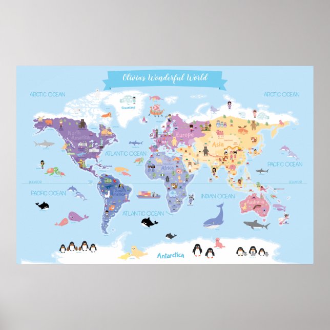 Poster Carte du monde pour enfants doux et joyeux avec il (Devant)