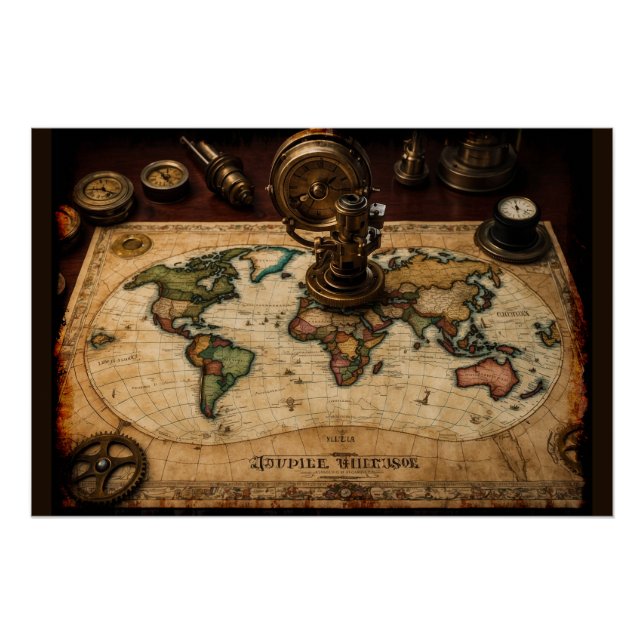Poster Carte du monde Steampunk Olde (Devant)