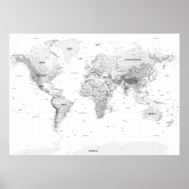 Poster Carte du monde topographique blanc (Devant)