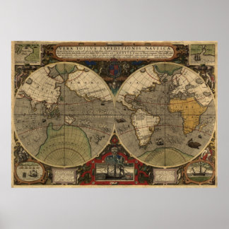 Poster Carte du monde Vintage 1595 par Jodocus Hondius
